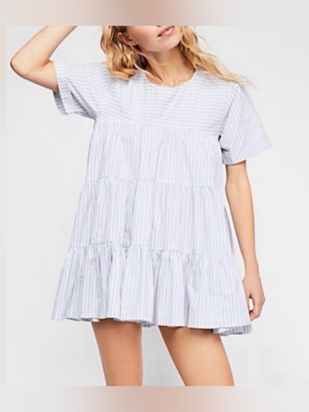 Free People Striped Babydoll Mini Dress in Light Blue & White